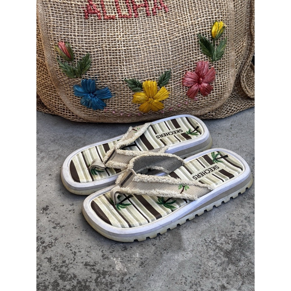 Skechers Women's Flip Flops Sandals Palm Tree Tropical Platform Beige Size 7 Vtg
